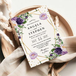 Lila und cremefarbene Blume Gold-Rahmen-Hochzeiten Einladung