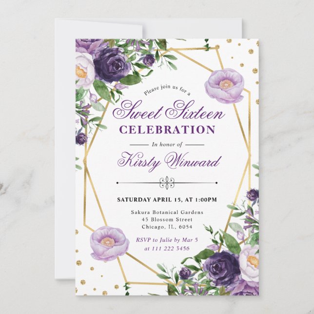 Lila und cremefarbene Blumen Rahmen Sweet 16 Einladung (Vorderseite)