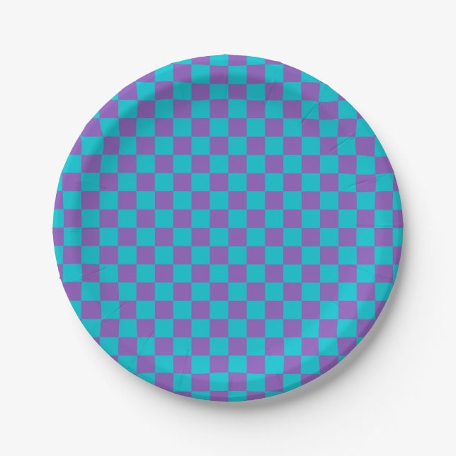 Lila und Cyan Schachbrettmuster Pappteller (Vorderseite)