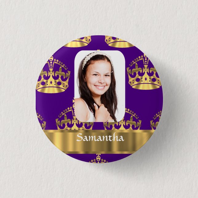Lila und der Goldkrone personalisiertes Foto Button (Vorderseite)