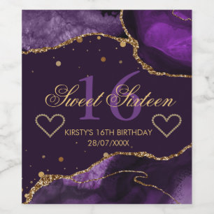 Lila und falscher Goldglitter Achat Sweet 16 Weinetikett