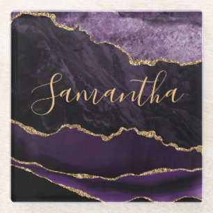 Lila und falsches Gold Glitter-Marmor-Achat Glasuntersetzer