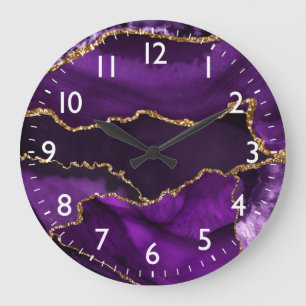 Lila und falsches Gold Glitter-Marmor-Achat Große Wanduhr
