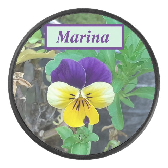 Lila- und Gelbblüte Eishockey Puck (Vorderseite)