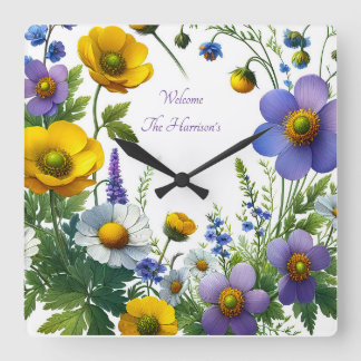 Lila und gelbe Blume Anpassen von Text Quadratische Wanduhr