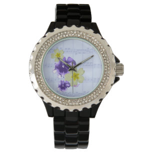 Lila und gelbe Blumen Notenblatt Schwarze Uhr