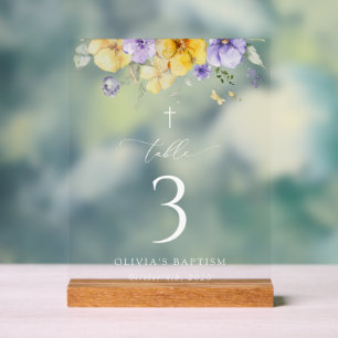 Lila und gelbe Blumen, Tauf-Tischnummern Acrylschild