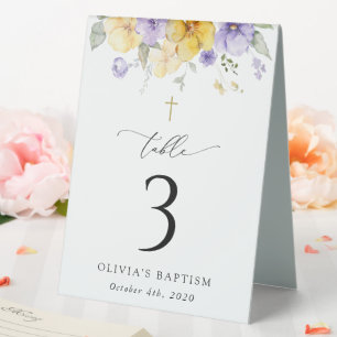 Lila und gelbe Blumen, Tauf-Tischnummern Tischaufsteller