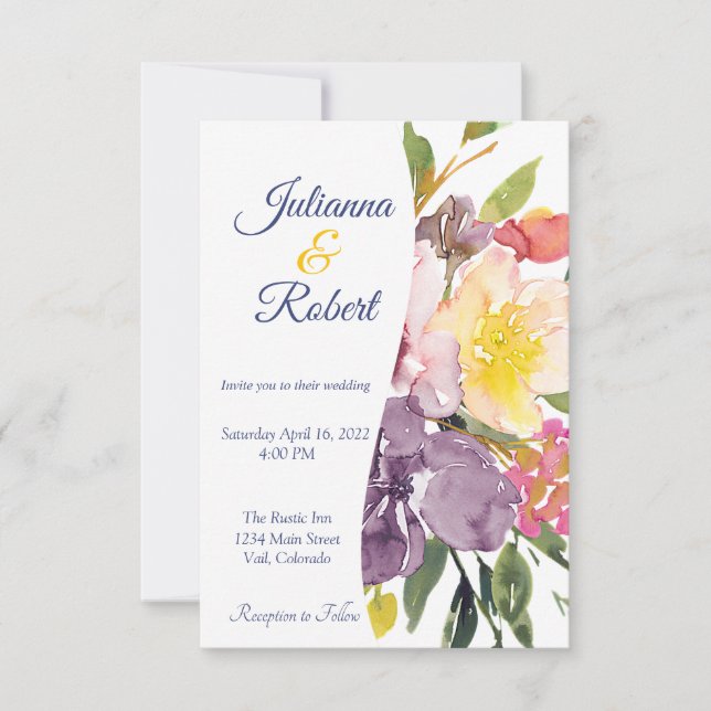 Lila und gelbe Blütenhochzeit Einladung (Vorderseite)