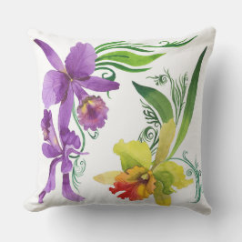 Lila und gelbe Orchideen-Blumen-Wasserfarbe Kissen