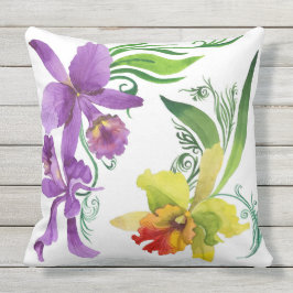 Lila und gelbe Orchideen-Blumen-Wasserfarbe Kissen
