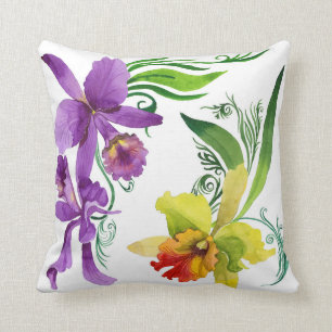 Lila und gelbe Orchideen-Blumen-Wasserfarbe Kissen