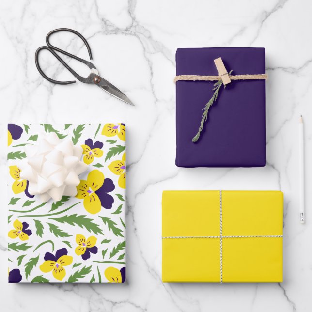Lila und gelbe Pansey-Blume Geschenkpapier Set (Vorderseite)