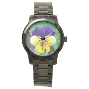 Lila und gelbe Pansy-Uhr Armbanduhr