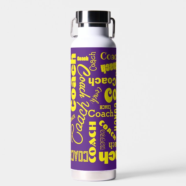 Lila und gelber Personalisierter Coach Geschenknam Trinkflasche (Vorne)