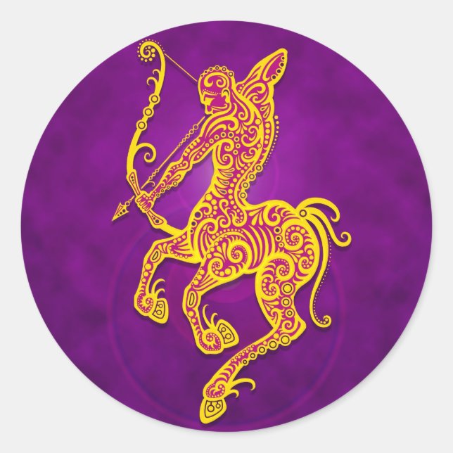 Lila und gelber Stamm-Sagittarius Runder Aufkleber (Vorderseite)
