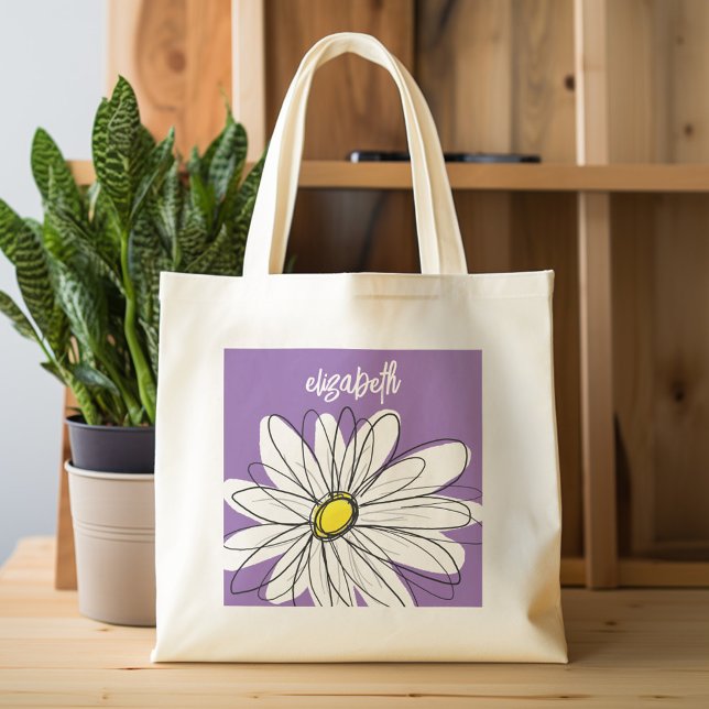 Lila und gelber weißlicher Daisy-Text Tragetasche (Personalized tote bag - whimsical daisy and name)