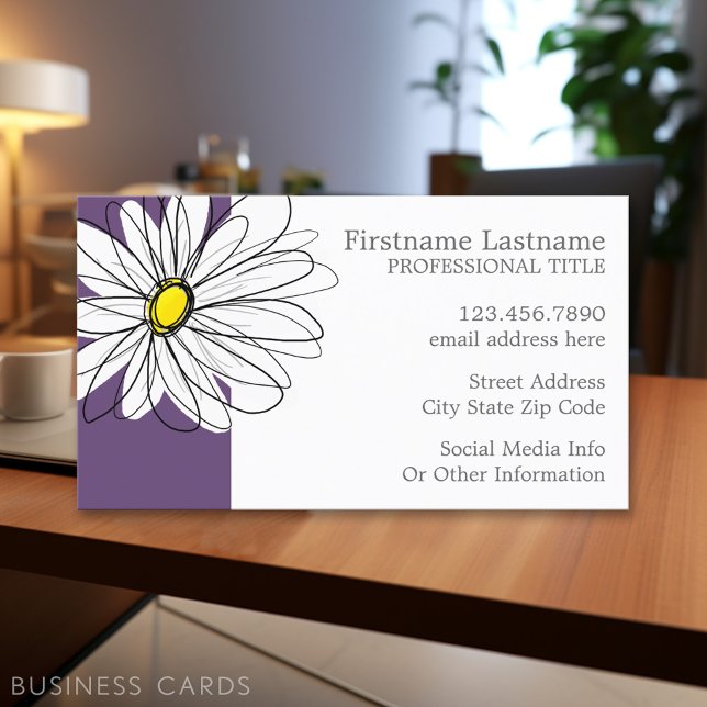 Lila und gelber weißlicher Daisy-Text Visitenkarte (Personalized Printed Business Cards)