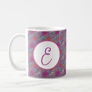 Lila und gelbes Blumenmuster-Monogramm Kaffeetasse
