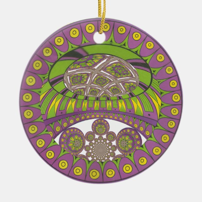 Lila und gelbes Kaleidoskop Keramikornament (Vorne)