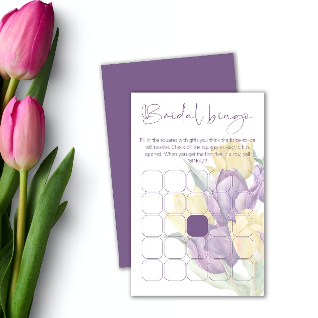 Lila und gelbes Tulpen-Brautparty-Bingospiel (Von Creator hochgeladen)
