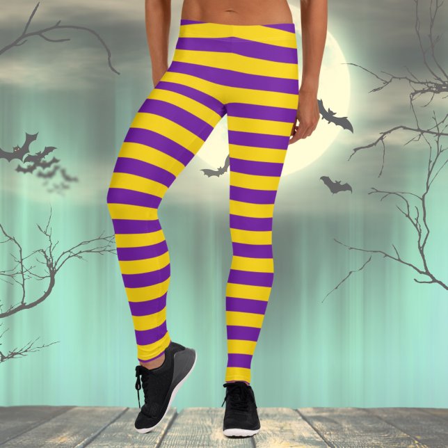 Lila- und gelbgestrichene Kostüme Leggings (Womens Festive Leggings, Halloween Costume Leggings with Stripes, Purple and Yellow striped leggings)