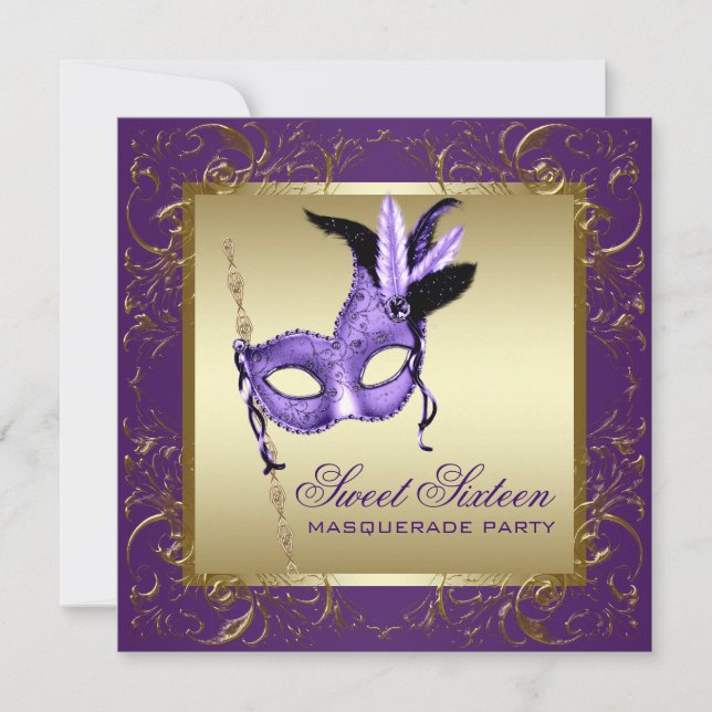 Lila und Gold 16 . Geburtstag Masquerade Party Einladung (Vorderseite)