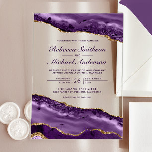Lila und Gold Achat-Marmor-Hochzeit Acryleinladungen