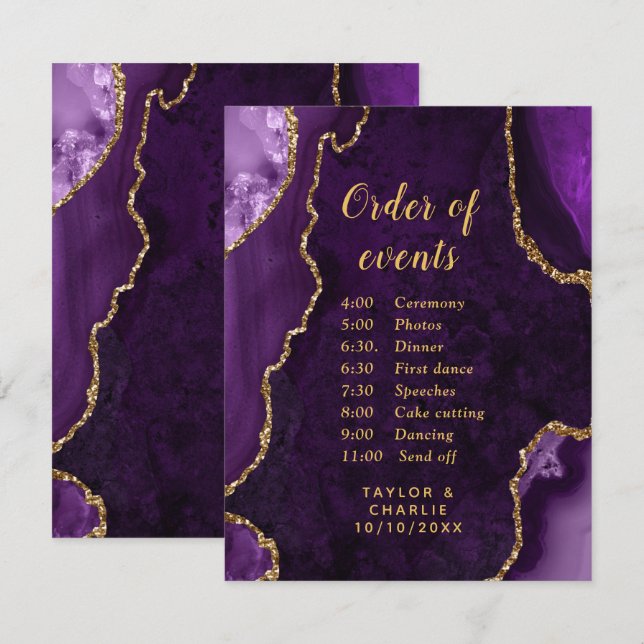 Lila und Gold Agate Wedding Order of Events ENCL Begleitkarte (Vorne/Hinten)