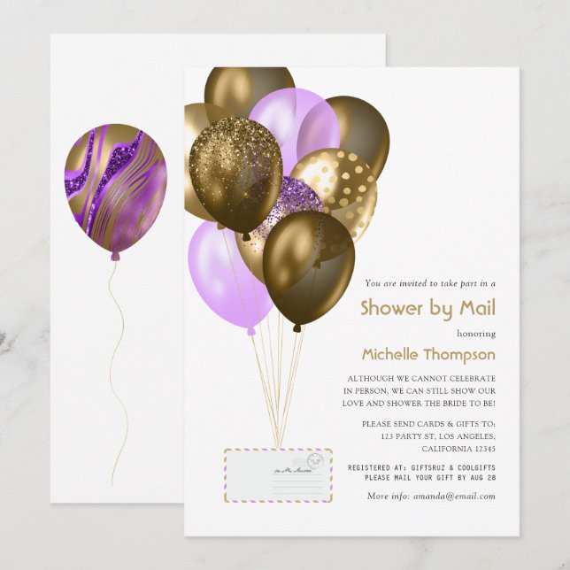 Lila und Gold Baby oder Brautparty per Mail Einladung (Vorne/Hinten)