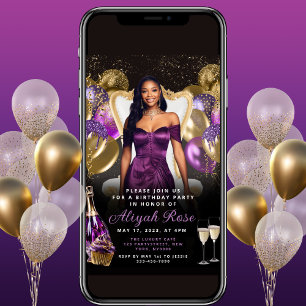 Lila und Gold Balloons Royal zum Geburtstag Einlad Einladung