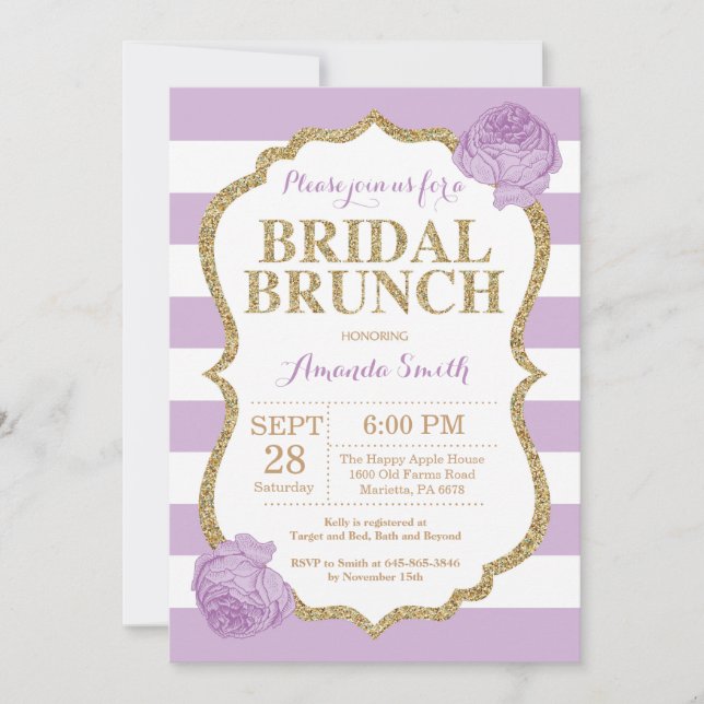 Lila und Gold Bridal Brunch Einladung Glitzer (Vorderseite)