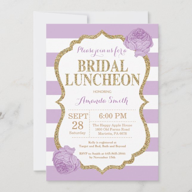 Lila und Gold Bridal Luncheon Einladung Glitzer (Vorderseite)