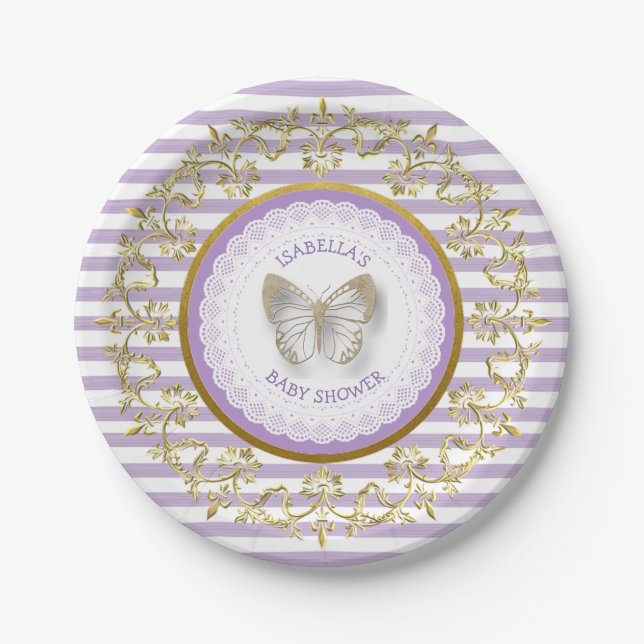 Lila und Gold Butterfly Baby Dusche Teller (Vorderseite)