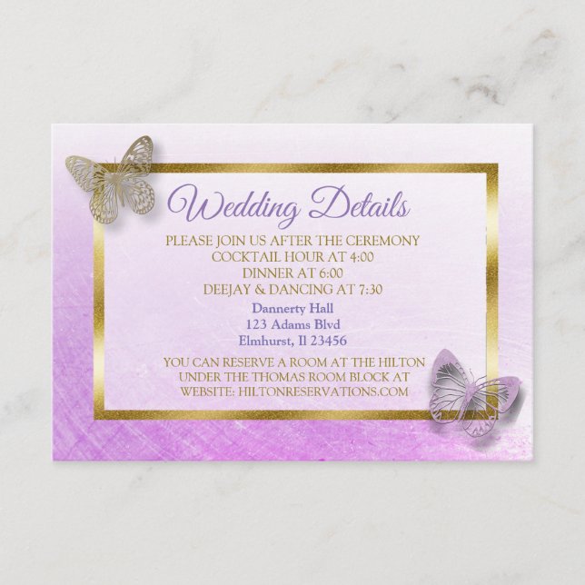 Lila und Gold Butterfly Wedding Details Card Begleitkarte (Vorderseite)
