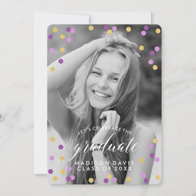 Lila und Gold Confetti Foto Abschluss Einladung (Vorderseite)