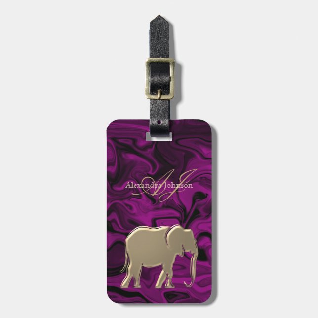 Lila und Gold Elefant Elegant Mit Monogramm Gepäckanhänger (Vorderseite vertikal)