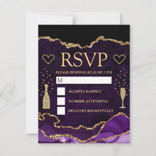 Lila und Gold Faux Glitter Achat-Marmor-Hochzeit RSVP Karte