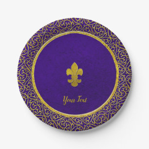 Lila und Gold Fleur-de-lis für Ihren Text Pappteller