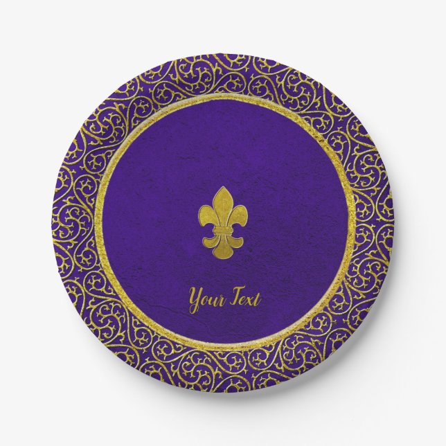 Lila und Gold Fleur-de-lis für Ihren Text Pappteller (Vorderseite)