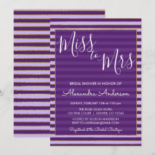 Lila und Gold Foil Miss zu Mrs. Brautparty Einladung