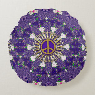 Lila und Gold Friedenszeichen Mandala Rundes Kissen