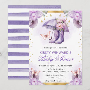 Lila und Gold Frühlingsregenschirm Babyparty Einladung
