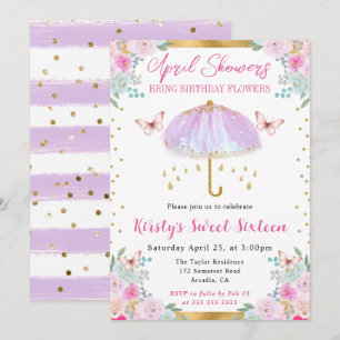 Lila und Gold Frühlingsregenschirm Sweet Sixteen Einladung