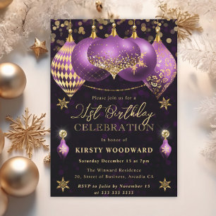 Lila und Gold Glitter-Christbaumkugeln 21. Geburts Einladung