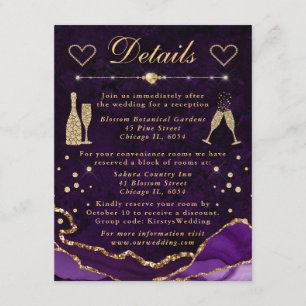 Lila und Gold Glitter-Faux-Achat-Hochzeitsdetails Begleitkarte