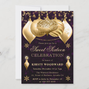 Lila und Gold Glitter-Kugeln Sweet Sixteen Einladung