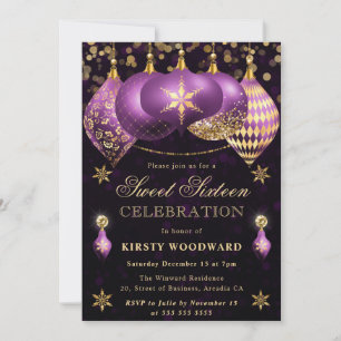 Lila und Gold Glitter-Kugeln Sweet Sixteen Einladung