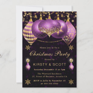 Lila und Gold Glitter-Kugeln Weihnachtsfeier Einladung