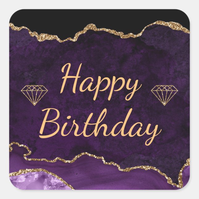 Lila und Gold Glitzer Agate Happy Birthday Quadratischer Aufkleber (Vorderseite)